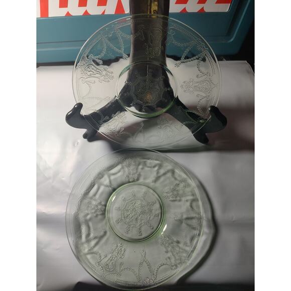 Uranium Glass Plates 2 Ultra Rare Victorian Flower Sailor Wheel Like Design Glow - Picture 5 of 8